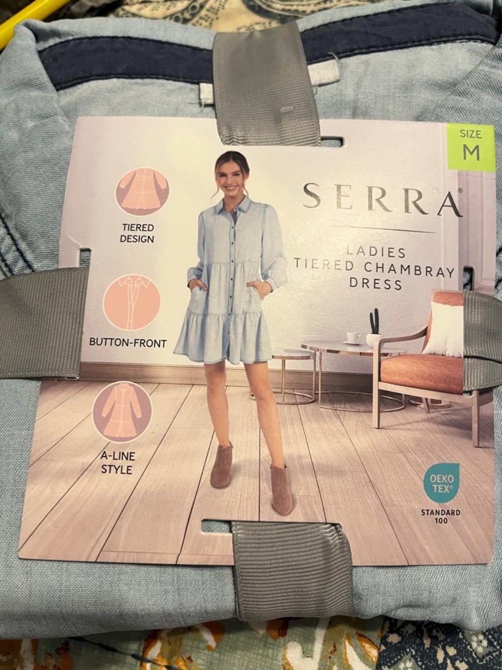 Serra Light Blue Tiered Chambray Shirt Dress